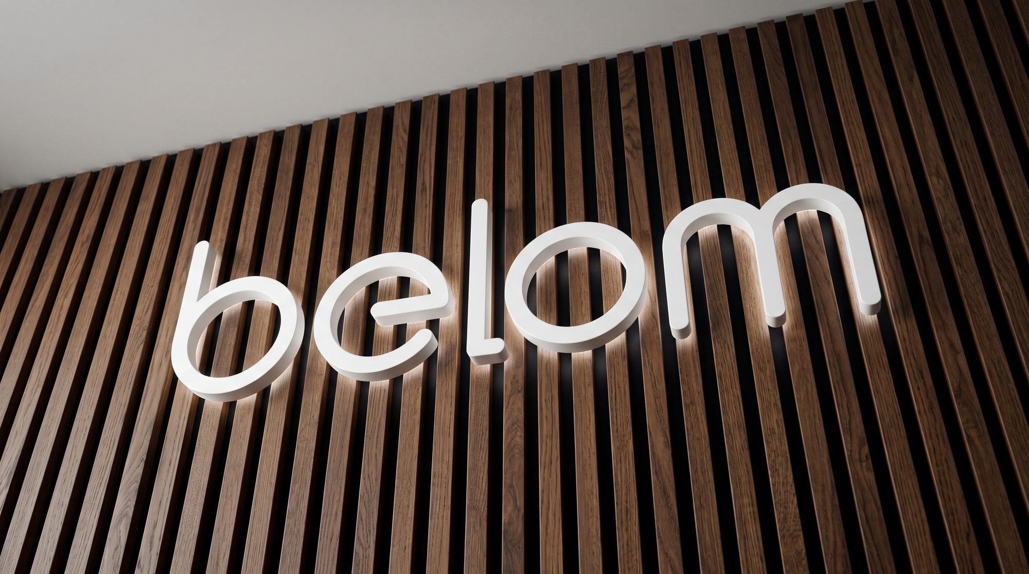 Belom sign on a slatted wood wall